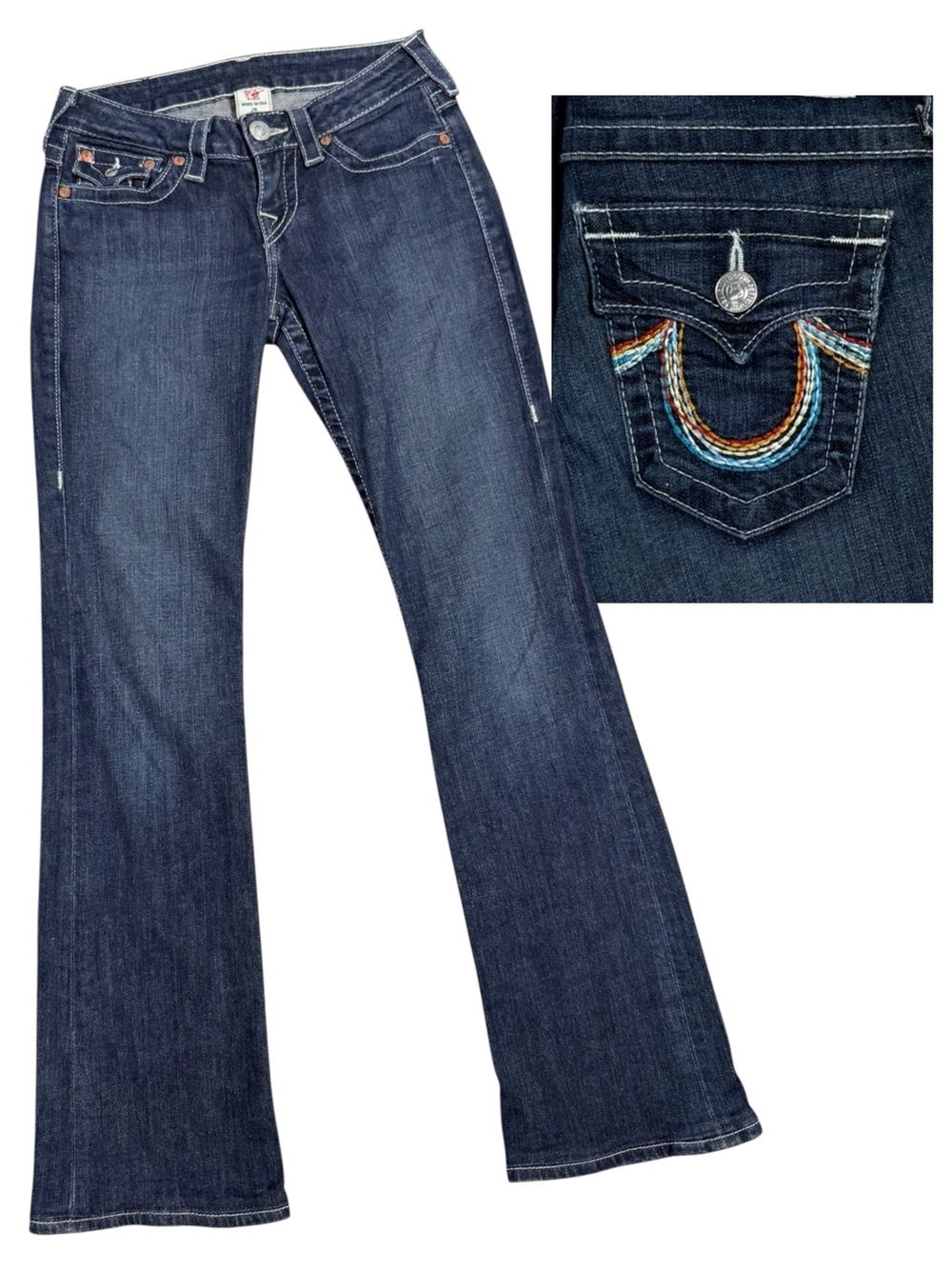 Vintage True Religion Bootcut Jeans Size 26 Rainbow Stitch Dark Wash Y2K